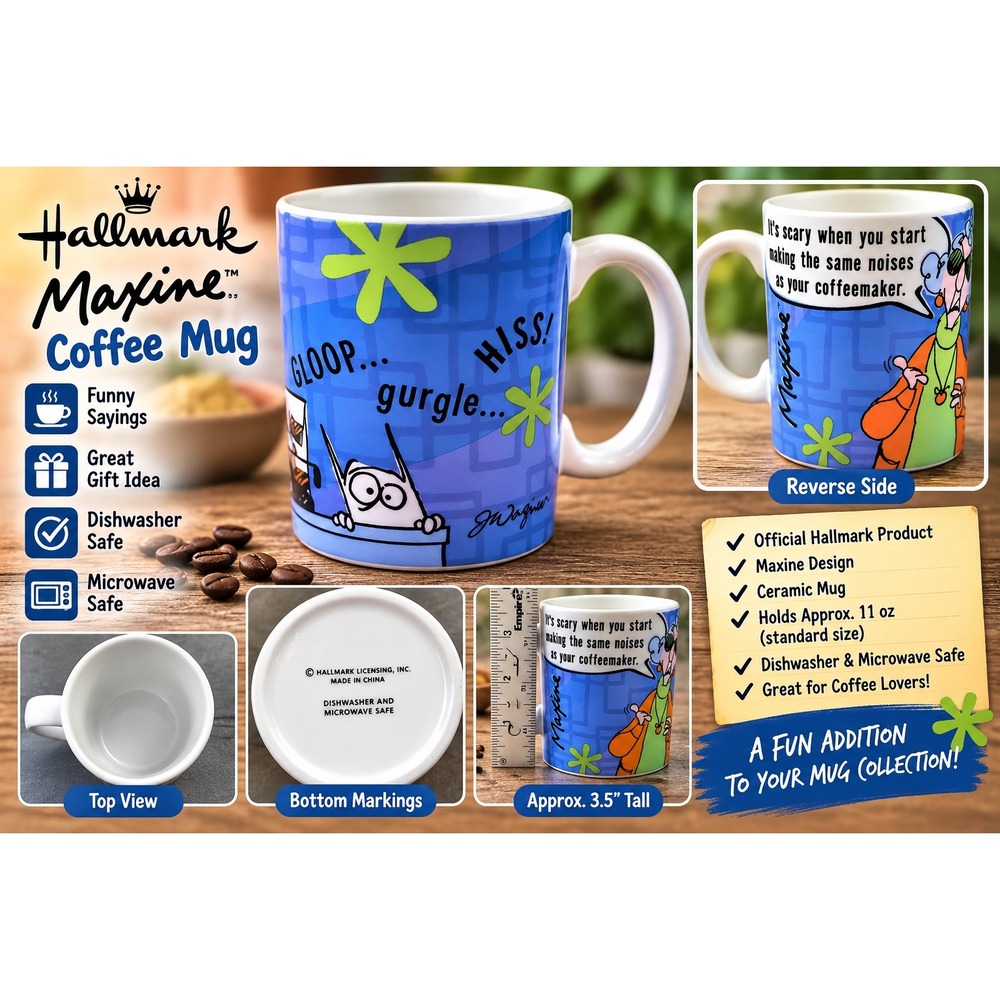 Hallmark Maxine Coffee Mug Funny Coffeemaker Noises Blue Ceramic 11oz Cup